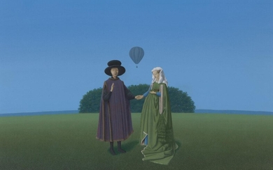 David Cheepen, British b.1946 - The 2nd Honeymoon of Mr and Mrs Arnolfini, 1997; acrylic on board, signed and dated lower right 'D. Cheepen 8.12.1997', 28.1 x 40.5 cm (ARR) Provenance: Portal Gallery, London; private collection, purchased from the...