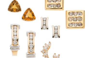 Diamond, Citrine, Gold Earrings The lot features four pairs...
