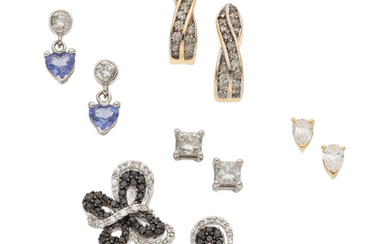 Diamond, Colored Diamond, Tanzanite, Gold Earrings The lot includes...