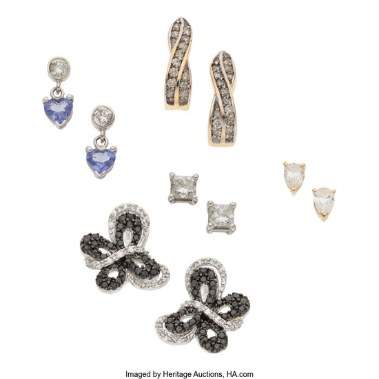 Diamond, Colored Diamond, Tanzanite, Gold Earrings The lot includes...