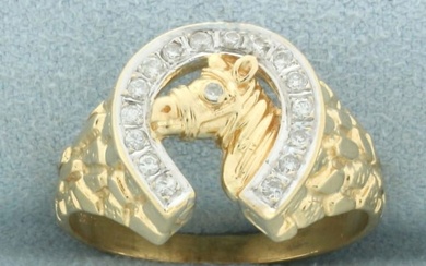 Diamond Horse and Horseshoe Nugget Ring in 14k Yellow Gold