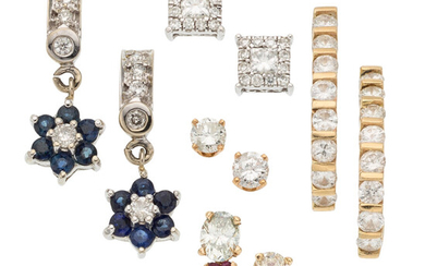 Diamond, Sapphire, Gold Earrings The lot includes five pairs...