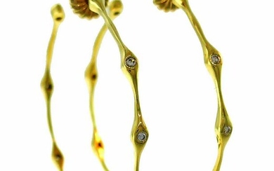 Diamond Yellow Gold Bamboo Hoop EARRINGS Signed SB