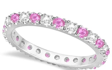 Diamond and Pink Sapphire Eternity Ring Stackable 14k White Gold 0.63ctw