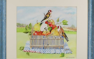 E.B. Watts Acrylic on Paper "Woodpeckers on a Basket of Fruit", circa 1988