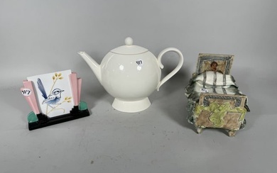 ENGLISH DESIGNER TEAPOT, ART DECO POTTERY FRAME, AND AN ARTIST SIGNED POTTERY BEDBOX. 9" X 7" AND