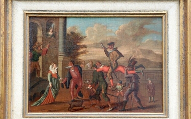 Ecole FRANCAISE du XVIIème siècle La Commedia dell’arte Toile 29 x 39 cm.