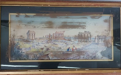 École Hellénique du XIXe siècle Paysage grec aux temples Aquarelle Haut. : 31 ; Larg....
