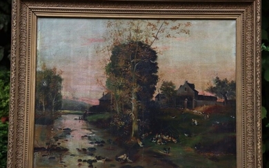 École du XIXe siècle. Paysage de rivière. Huile sur toile. Dimensions: 56 x 74 cm....