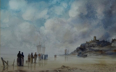 Edward Emerson, Irish, 20th century- Fisherfolk on the beach; watercolours on paper, two, each signed 'Edward Emerson' (lower right), each 35 x 50.5 cm. (2)