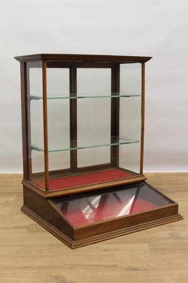 Eearly 20th century mahogany shops display table top cabinet, bearing retailers plaque for O. C. Hawkes Ltd., Birmingham