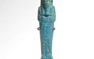 Egyptian Faience Shabti with a Column of Hieroglyphs