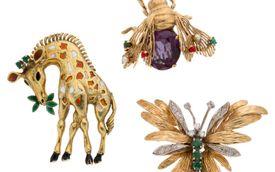 Emerald, Diamond, Gold Brooches The lot includes two brooches:...