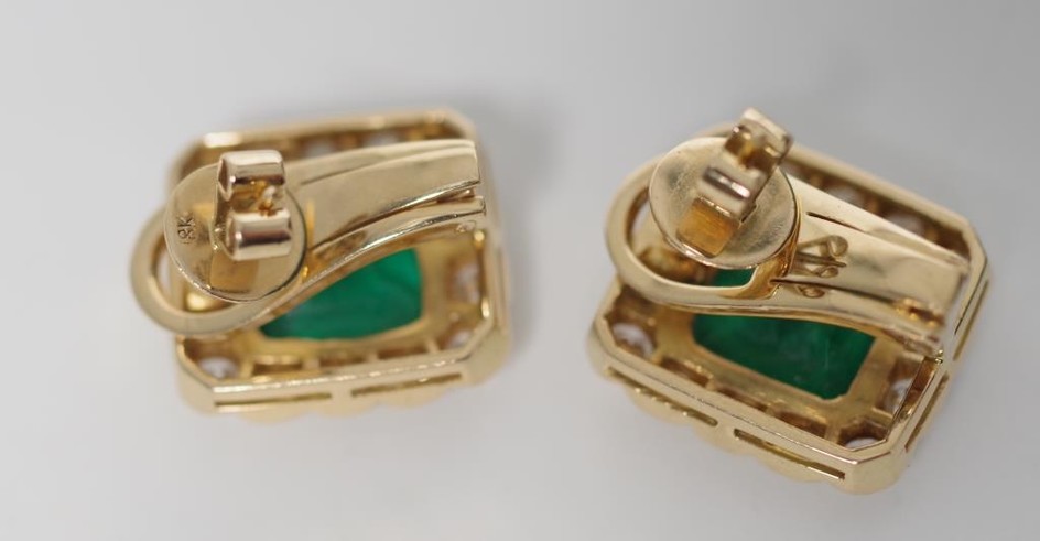 Emerald and diamond set 18ct yellow gold earrings with foldi...