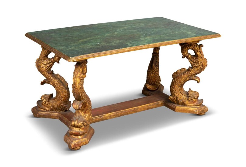 English Giltwood Table With Dolphin Legs.