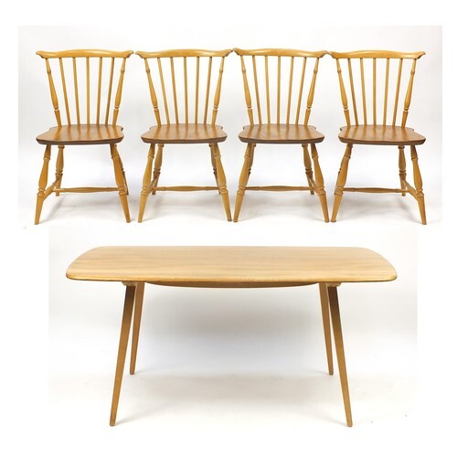 Ercol Windsor light elm dining table and four chairs, the ta...