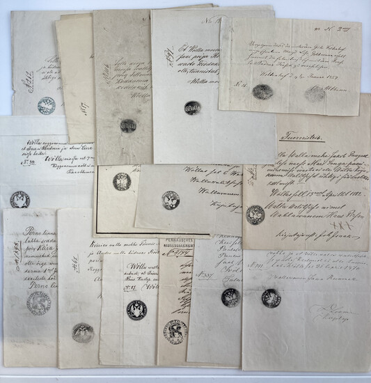 Estonia, Russia Group of historical documents: decisions, testimonies of the municipal court since 1853 (27) & wedding announcement Riga 1795