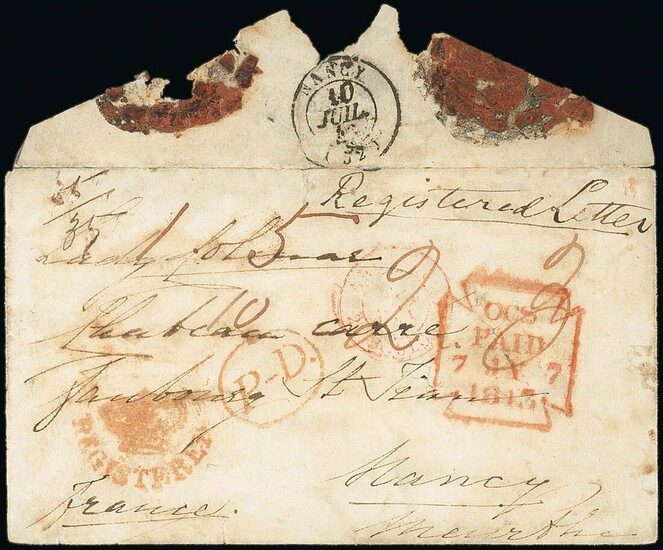 Europe Mail from the United Kingdom 1/- Registration Fee 1843 (7 July) envelope to Nancy