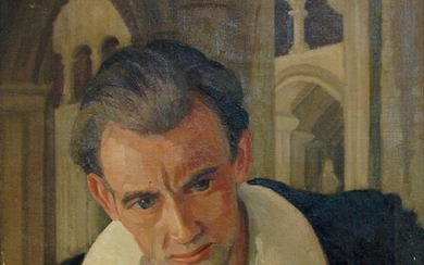 European school, mid-20th century- Portrait of a man, head and shoulders in a church interior; oil on canvas, 79 x 65 cm
