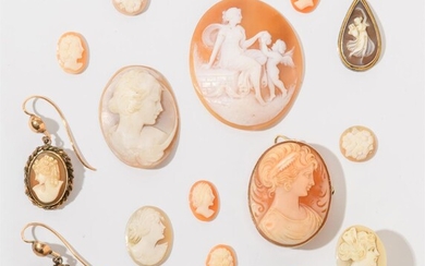 FOUR ITEMS 19TH CENTURY CARVED SHELL CAMEO JEWELRY AND TEN...