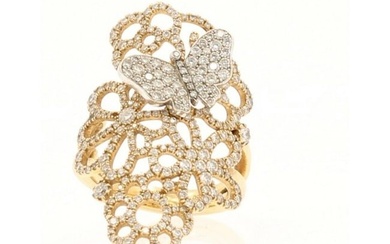 Fine Estate 18k Rose Gold Diamonds Flowers & Butterfly Ladies Ring Size 6.5