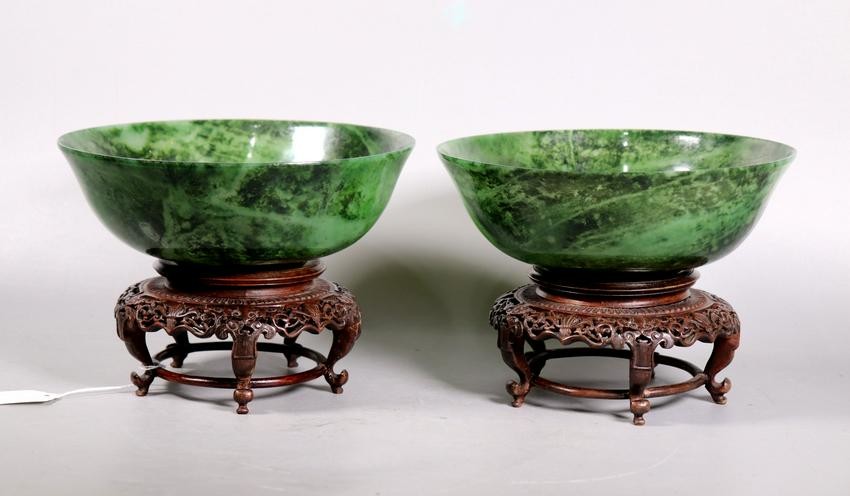 Fine Pr Chinese Qing Dynasty Lg Green Jade Bowls