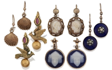 Five pairs of pendant earrings, comprising: a 9ct gold pair designed with scallop shell drops, approx. length 3cm; a pair with oval shell cameos, approx. length 2.9cm; a blue enamelled pair with paste and seed pearl clusters to centre, approx...