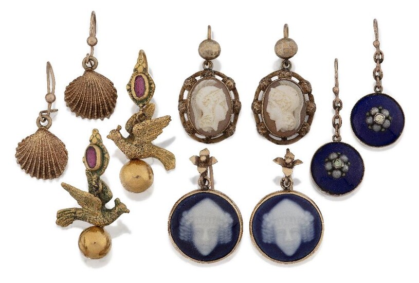Five pairs of pendant earrings, comprising: a 9ct gold pair designed with scallop shell drops, approx. length 3cm; a pair with oval shell cameos, approx. length 2.9cm; a blue enamelled pair with paste and seed pearl clusters to centre, approx...