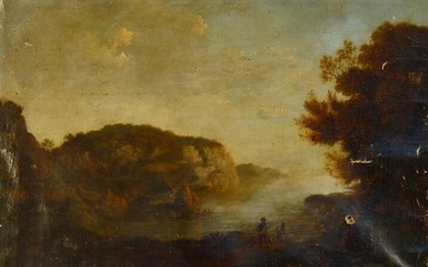 Follower of Richard Wilson RA, British 1714-1782- Drovers along a coastal path with woodland and rocky outcrops; oil on canvas, 63.5 x 84 cm., (unframed) Provenance: The estate of the late designer, Anthony Powell.