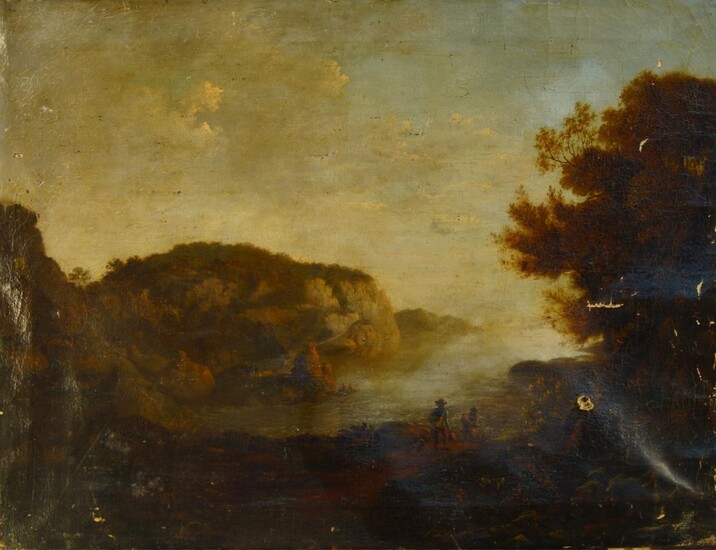 Follower of Richard Wilson RA, British 1714-1782- Drovers along a coastal path with woodland and rocky outcrops; oil on canvas, 63.5 x 84 cm., (unframed) Provenance: The estate of the late designer, Anthony Powell.