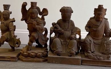 Four 20th Century Chinese Temple Hand Carved Wood Statues