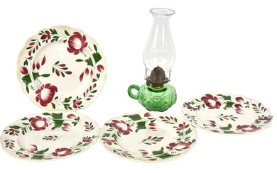 Four Adams Rose Staffordshire Plate & Finger Lamp