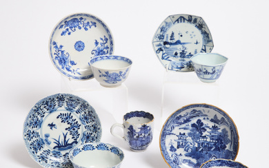Four Sets of Blue and White Cups and Saucers, Together With a Coffee Cup, 18th-19th Century