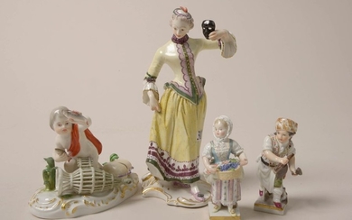 Four small groups in polychrome porcelain from Berlin,...