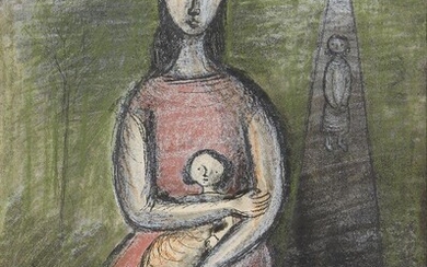 Frances Richards, British 1903-1985 - Mother and Child, 1945 (with 'Little Boy Lost' on the reverse); pastel, ink and pencil on paper with ink on paper on the reverse, 36.8 x 26.7 cm Provenance: the Estate of the Artist Note: This delicate image...