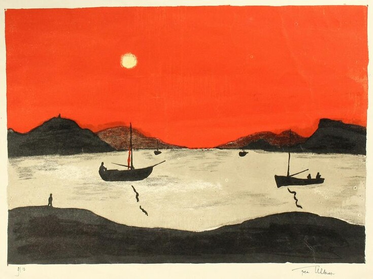 Fred Uhlman, Boats by moonlight with a red sky