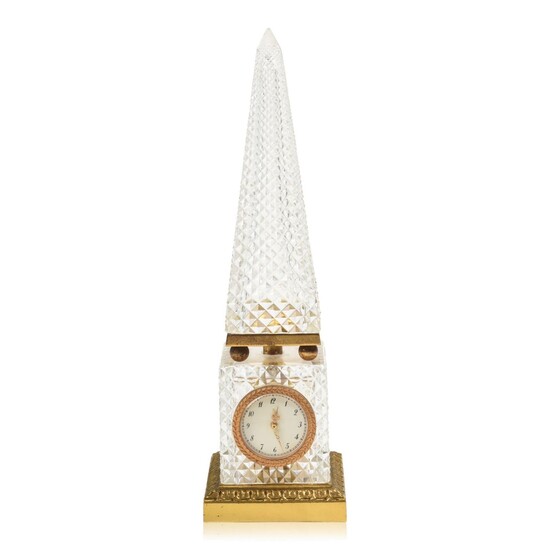 French Cut Crystal Obelisk Desk Clock Attrr. Baccarat.