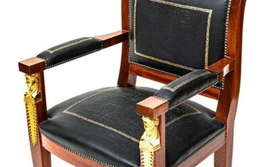 French Empire Style Mahogany, Bronze, and Black Leather Arm Chair, H 38” W 25” D