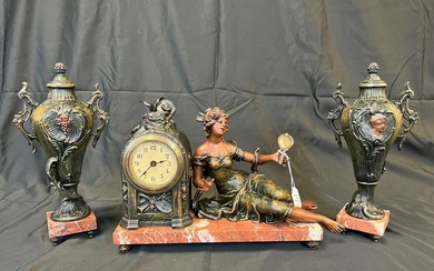 French Mantel Clock with Young Beauty and Two Urns