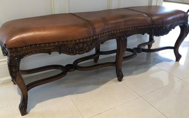 French Provencal Carved Leather Hall Way Bench
