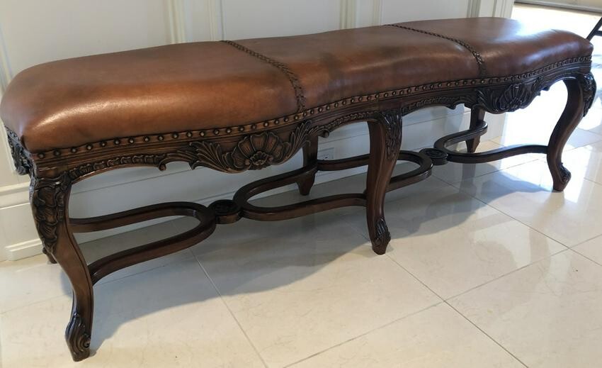 French Provencal Carved Leather Hall Way Bench