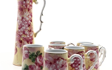 French Style Hand-Painted Floral Porcelain Mugs and Pitcher