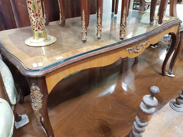 French Style Inlaid Top Coffee Table with Shaped Glass Top & Ormalu Mounts