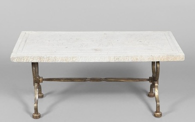 GILBERT POILLERAT - CARVED STONE & GILT IRON COFFEE TABLE. T...