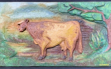 GIMENO Hand Carved & Painted Cow Wood Relief Art