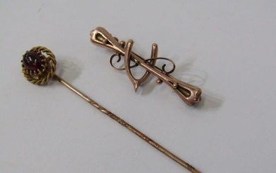 GOLD BROOCH AND STICK PIN, a vintage 9ct yellow gold wishbon...