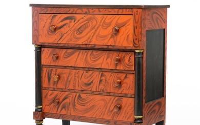 GRAIN PAINTED TRANSITIONAL CHEST OF DRAWERS.
