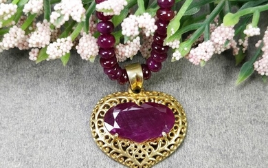 RUBY BEADS NECKLACE : 17" Genuine Natural Ruby Round Beads Necklace Heart Shape Pendant Prong Set 925 Sterling Silver Jewellery