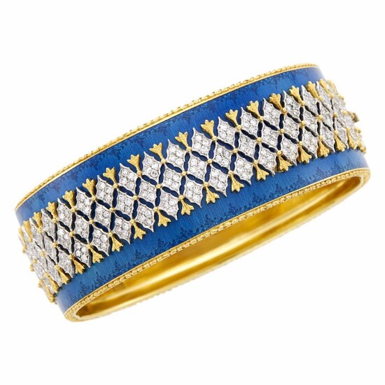 Gianmaria Buccellati Two-Color Gold, Diamond and Blue Enamel Cuff Bangle Bracelet
