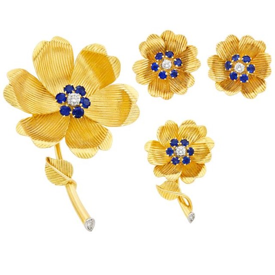 Gold, Sapphire and Diamond Flower Brooch, Pin and Pair of Earclips